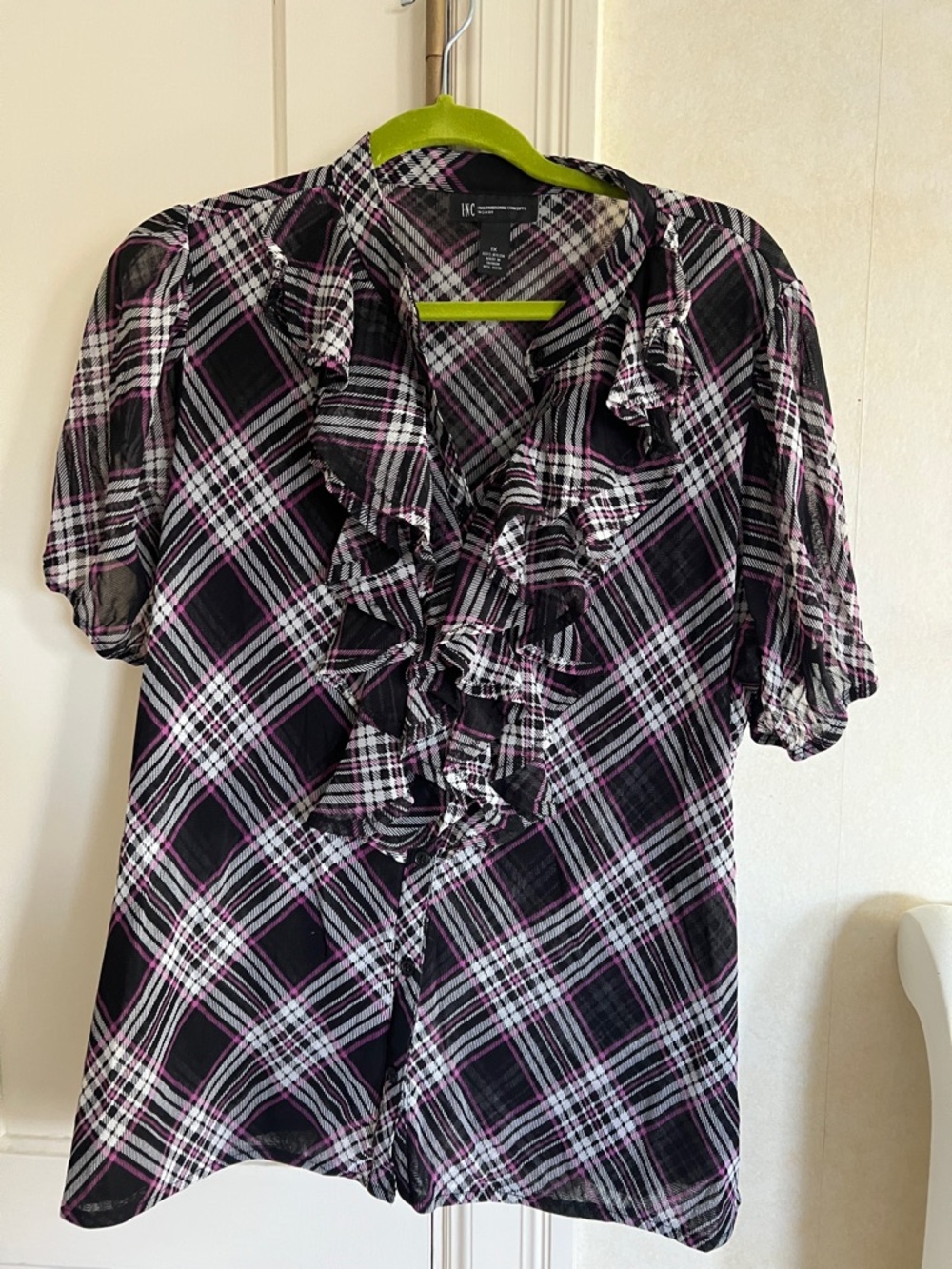 INC International Concepts Black lilac Plaid Ruffle Front Blouse